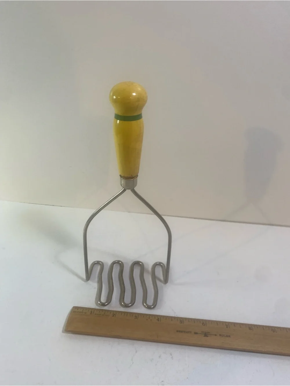 Vintage Wooden Bright Yellow Handle Green Stripe Potato Masher